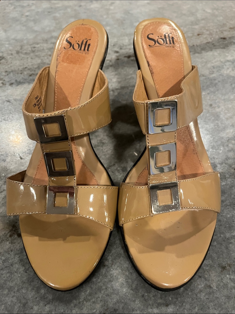 Söfft Tan Patent Slide Sandals with Silver Square Accents